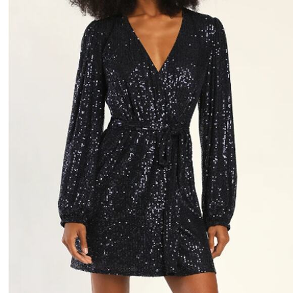 LULU'S SZ S Navy Blue Sparkly Darling Sequin Long Sleeve Wrap Dress NEW b151 - Picture 1 of 10